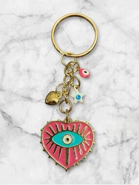 Gold Tone Heart Eye Keychain with Pink and Turquoise Enamel
